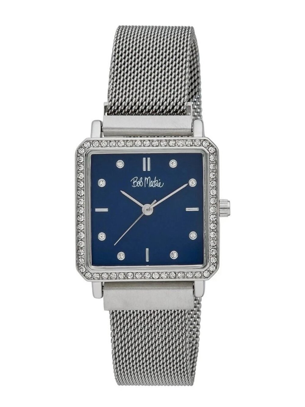 Bob Mackie Silver Square Watch Blue Dial Crystal Bezel Mesh Band | New-Open Box